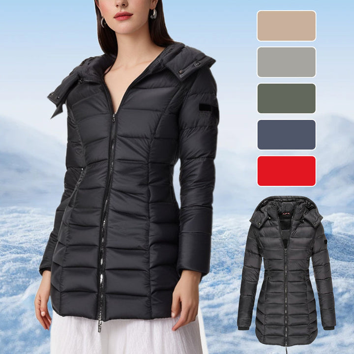 Winter women's mid-length padded jacket warm solid color hooded jacket