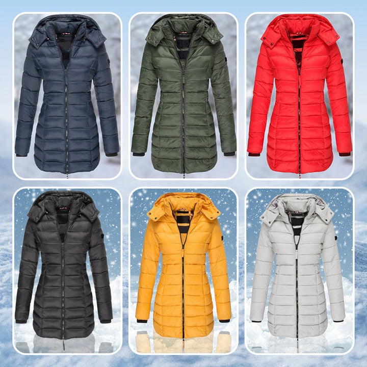 Winter women's mid-length padded jacket warm solid color hooded jacket