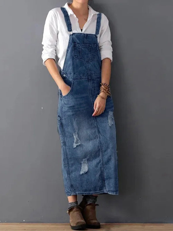 Back Slit Distressed Denim Overalls Dress