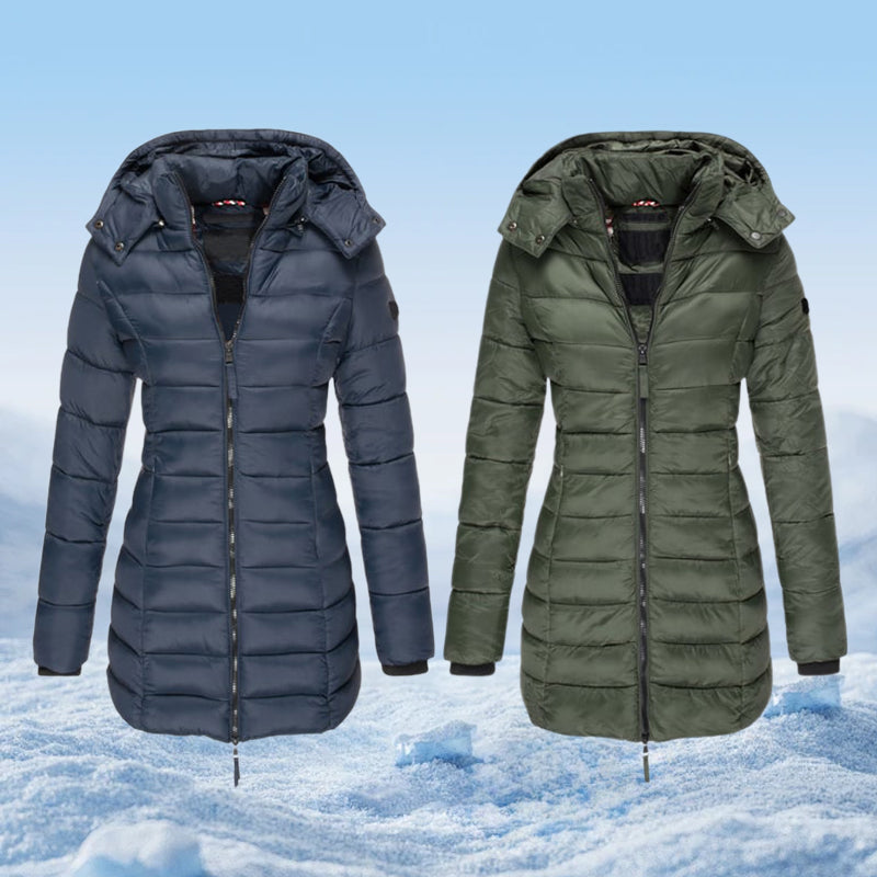 Winter women's mid-length padded jacket warm solid color hooded jacket