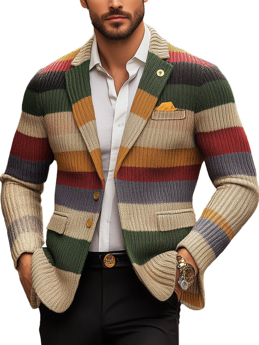 Men's Casual Rainbow Striped Lapel Long Sleeve Knit Cardigan