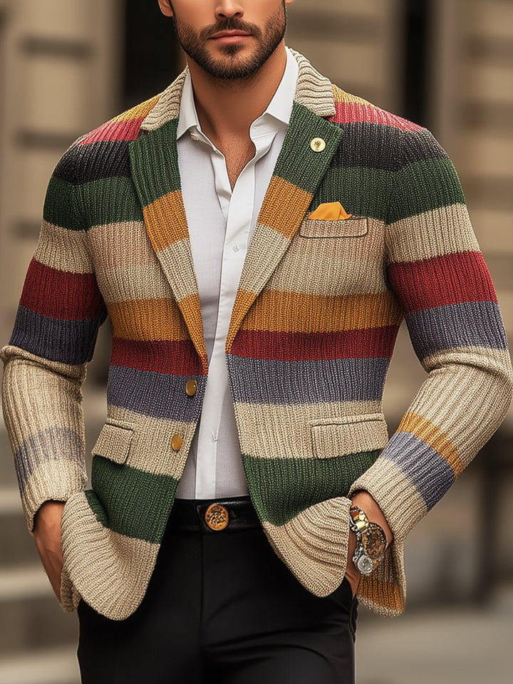 Men's Casual Rainbow Striped Lapel Long Sleeve Knit Cardigan