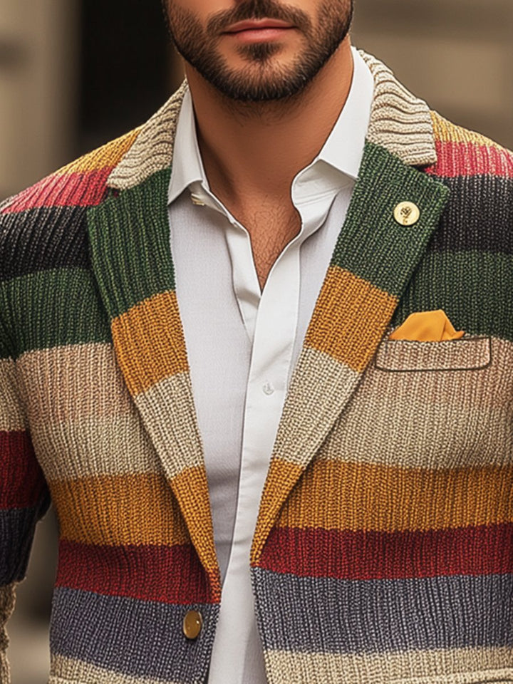 Men's Casual Rainbow Striped Lapel Long Sleeve Knit Cardigan